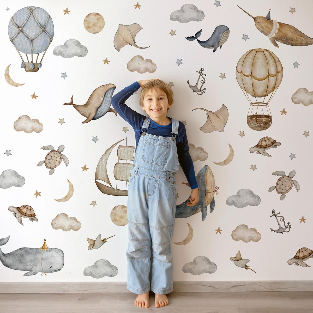 Naklejki Na Ścianę Dla Dzieci Wieloryby Chmury Balony 60x30 Gwiazdy ZESTAW nr. 5