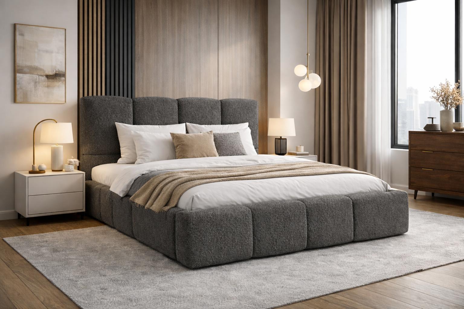 Łóżko tapicerowane VELLA 140x200 cm ze stelażem i pojemnikiem boucle do sypialni ciemnoszary