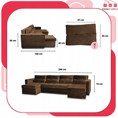 Narożnik Varius BIG 297x74x140 cm kształt U z funkcją spania i przechowywania do salonu Royal brązowy - Miniaturka zdjęcia nr 8