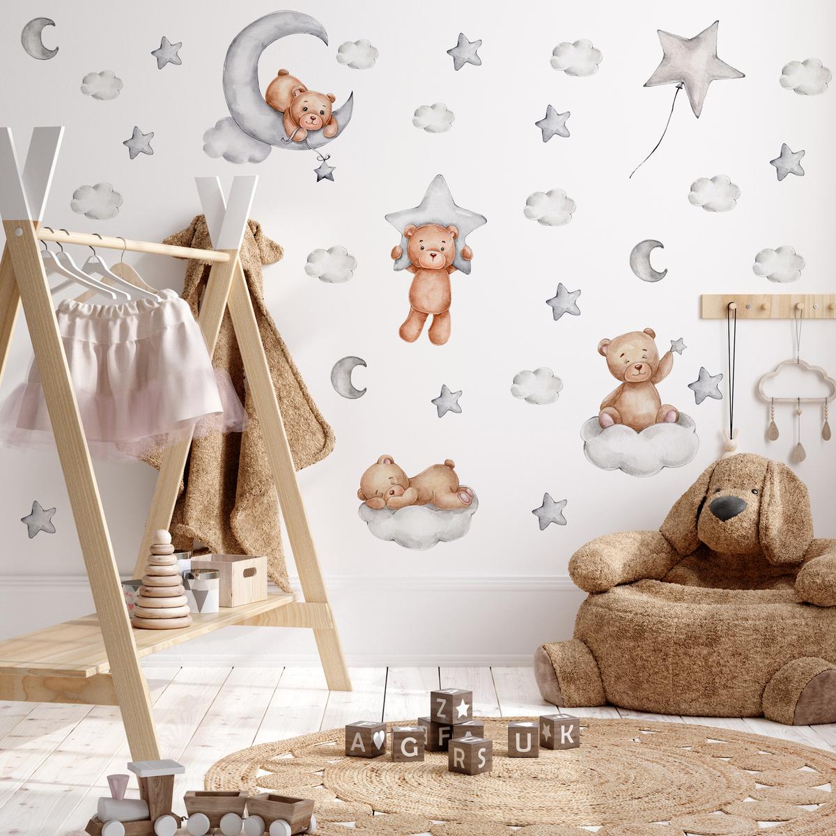 Naklejki Na Ścianę Dla Dzieci Misie 120x60 Szare Księżyce ZESTAW nr. 4