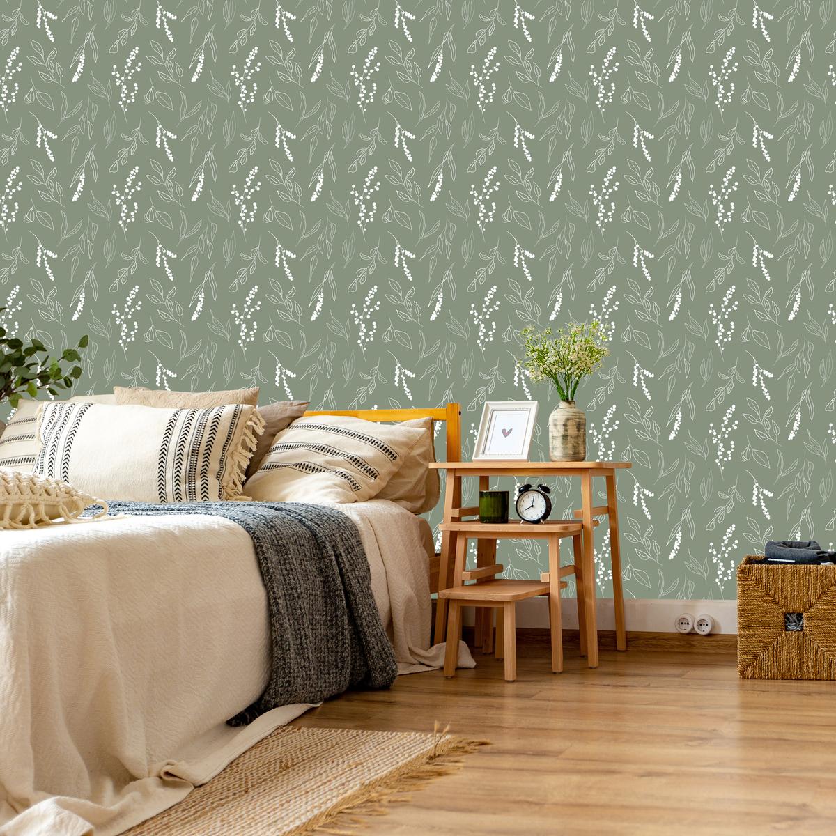 Tapeta Do Jadalni Drobne LIŚCIE Line-Art Natura Rośliny Styl Boho  nr. 10