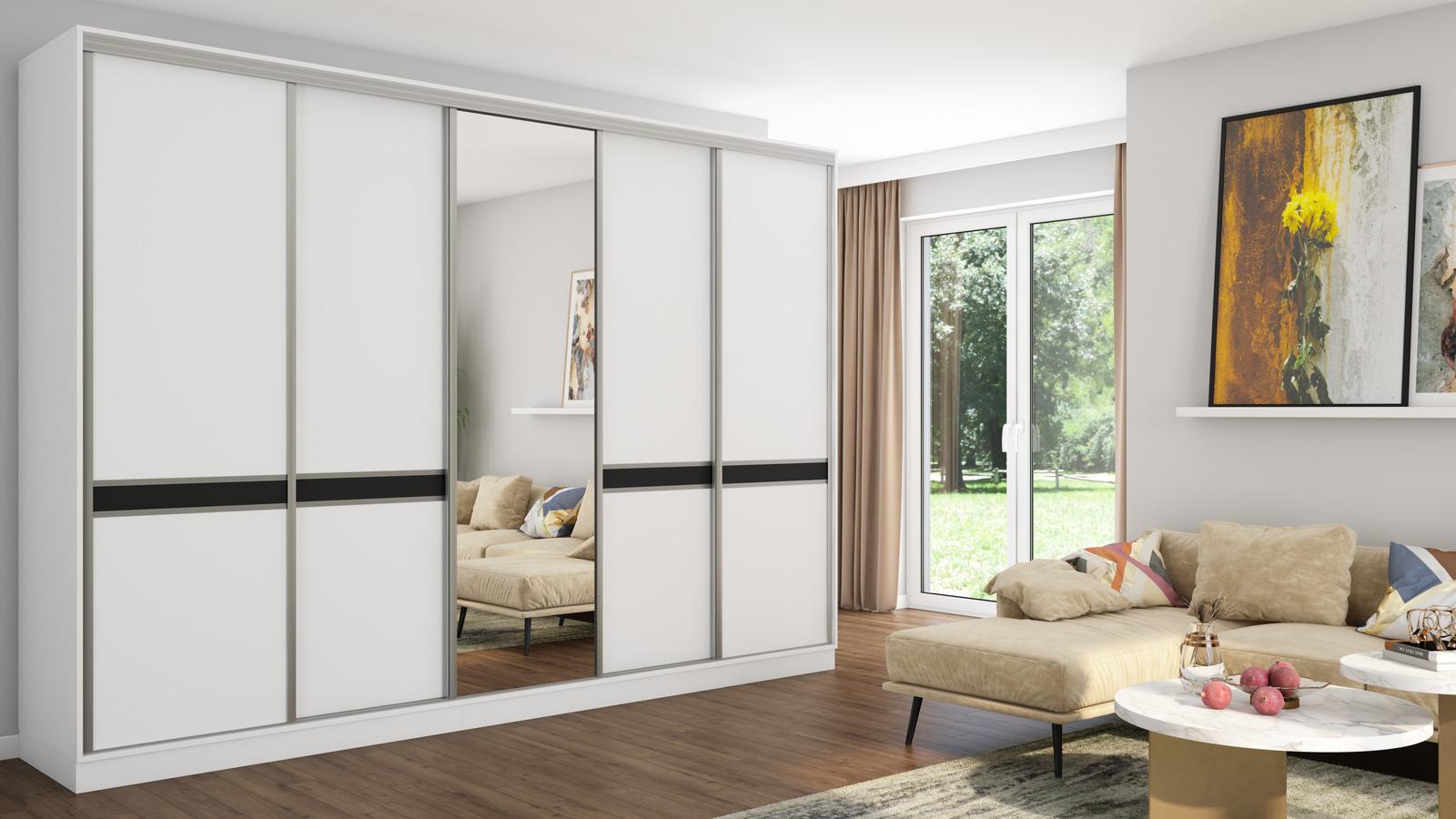 Szafa przesuwna 340x66x244 cm do sypialni garderoby okucia srebrne biel z 1 lustrem