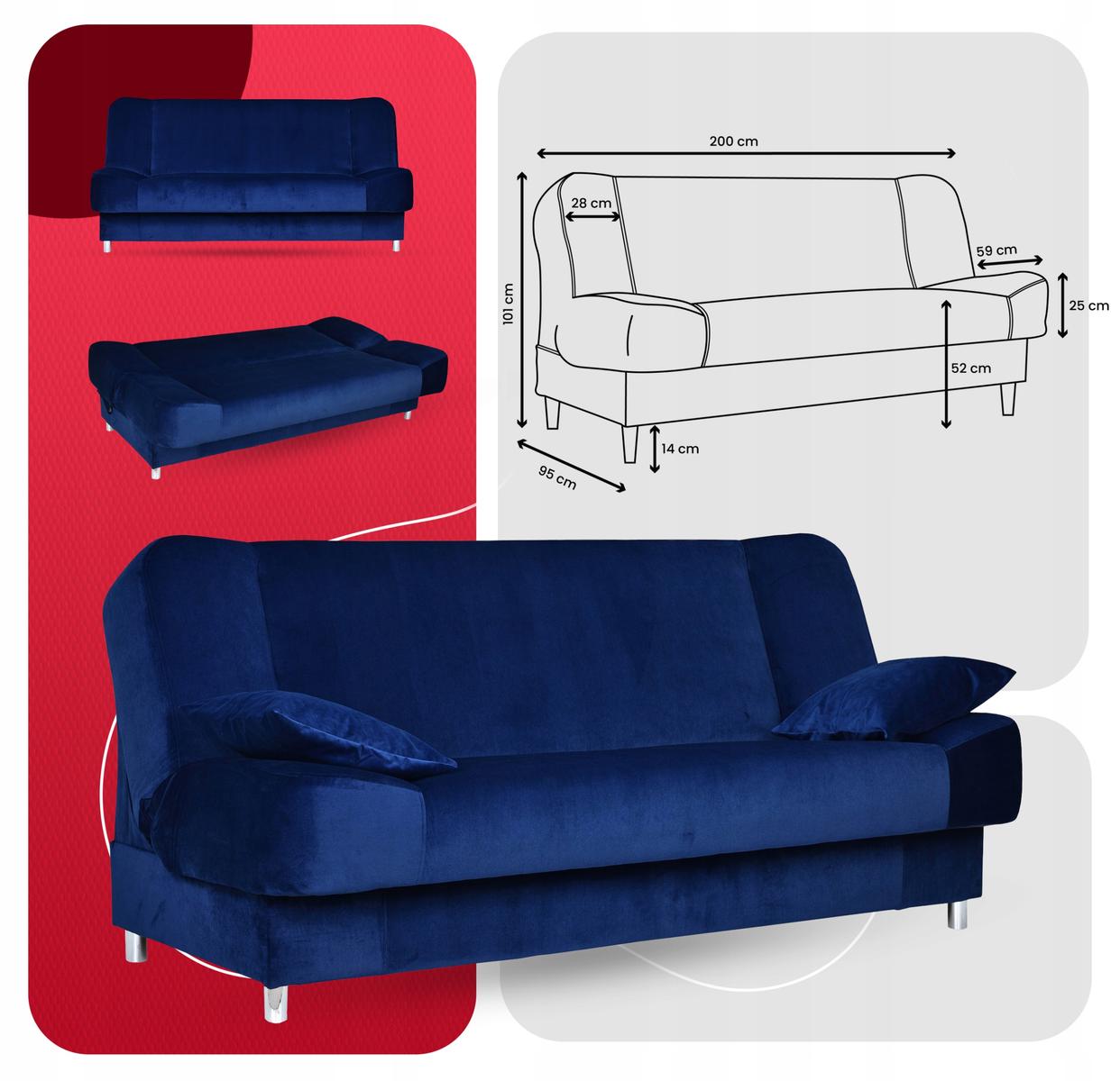 Wersalka SARA 200x95 cm granatowa rozkładana kanapa z pojemnikiem sofa do salonu New Velo nr. 8