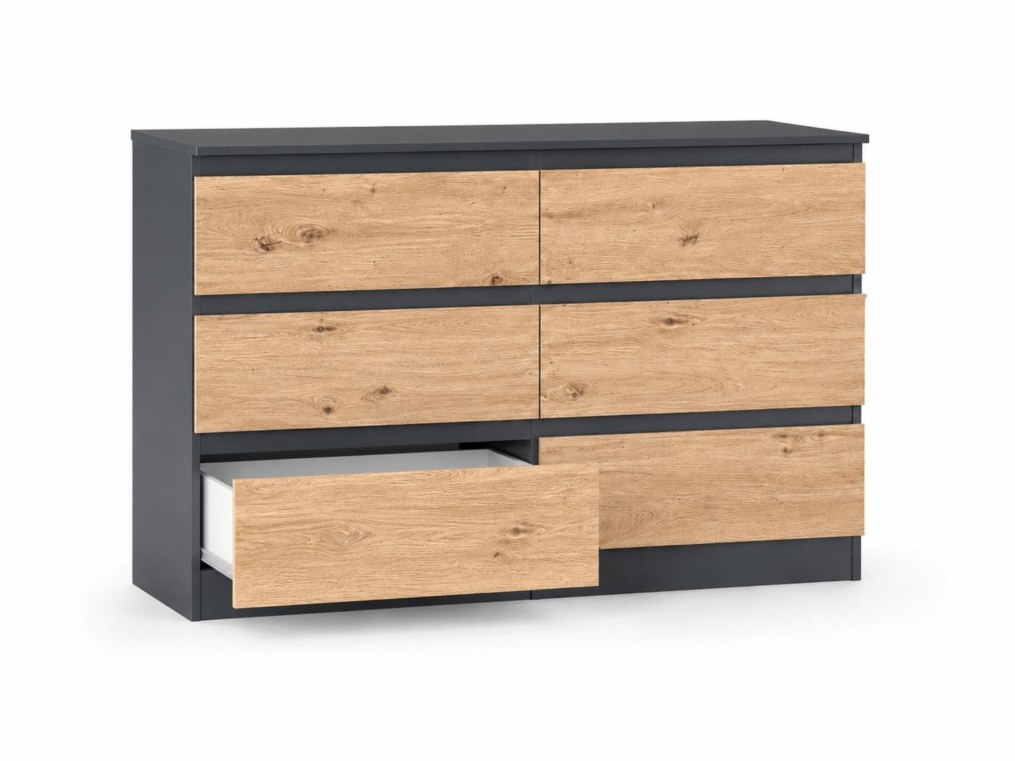 Komoda 120 cm mega cena MARTUSIA 78,5x120x40 cm z 6 szufladami dąb artisan antracyt do salonu i sypialni