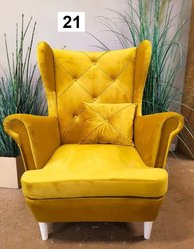 Fotel uszak 105x90x50 cm żółty wyjątkowy i solidny białe nóżki do sypialni, salonu 