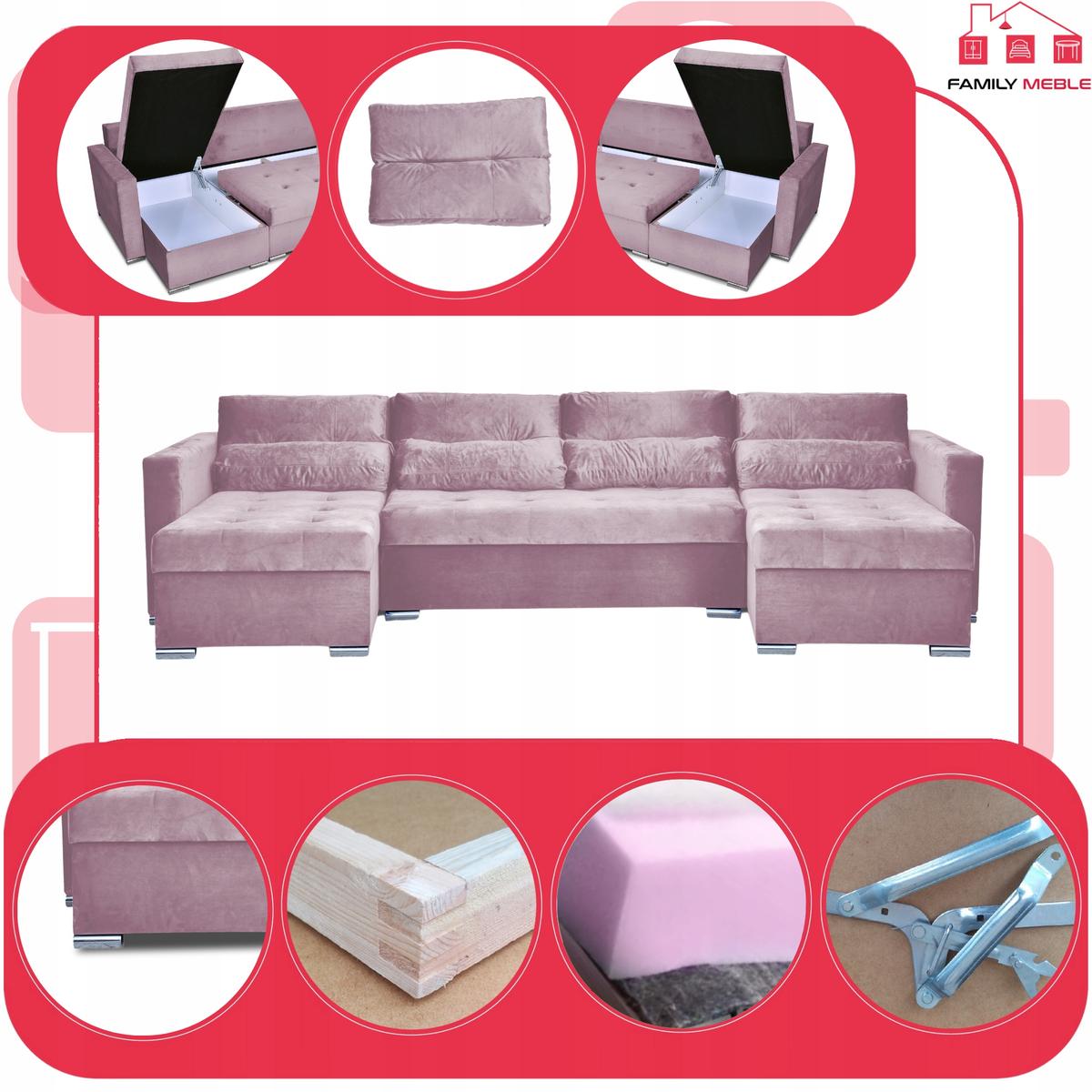 Narożnik Varius BIG 297x74x140 cm kształt U z funkcją spania i przechowywania do salonu Royal pudrowy róż nr. 4