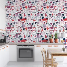 Tapeta retro garnki łyżki słodycze owoce do kuchni  - Miniaturka zdjęcia nr 3