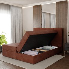 Łóżko kontynentalne 160x200x113 cm tapicerowane podwójne z materacem miodowe - Miniaturka zdjęcia nr 4