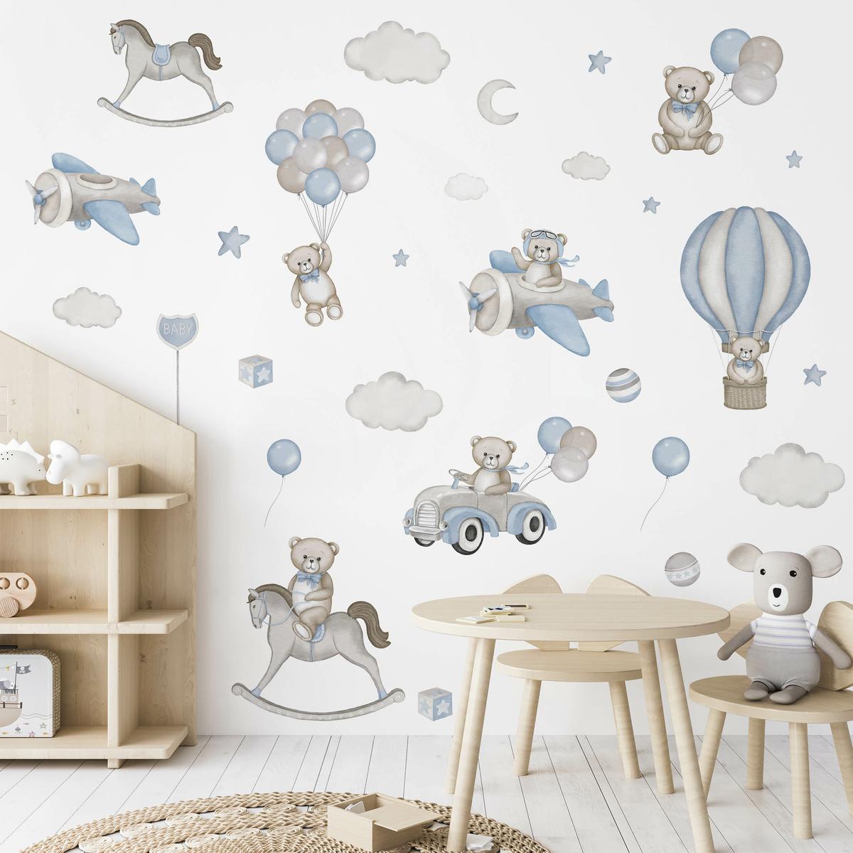 Naklejki Na Ścianę Dla Dzieci Misie Balony 120x60  Chmurki Koń Na Biegunach Zestaw  nr. 2