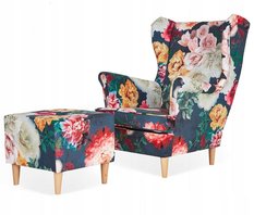 Fotel Uszak ARI PRINT 84x92x104 cm z podnóżkiem zielony róże i piwonie do salonu 