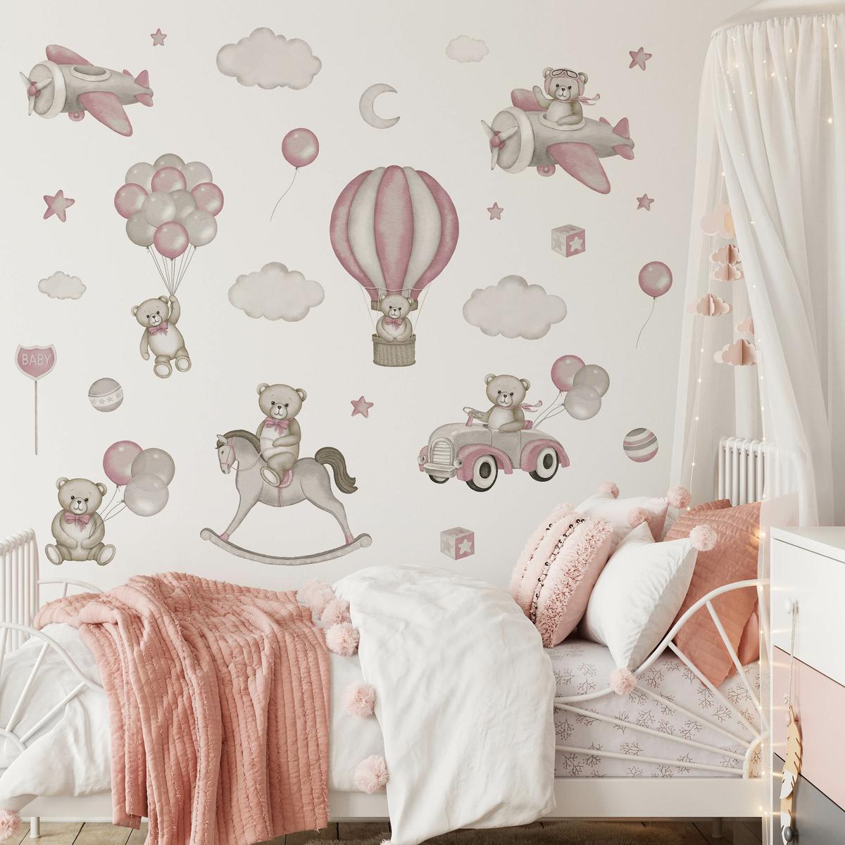 Naklejki Na Ścianę Misie Różowe Balony 120x60  Koń Na Biegunach Chmury Zestaw  nr. 2
