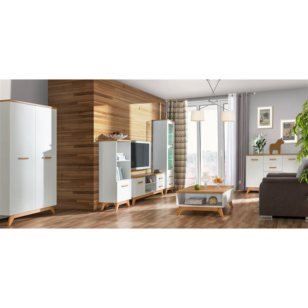 Witryna 45x40x185 cm z drzwiczkami i dwoma szufladami oraz LED sosna andersen dąb nash do salonu nr. 4