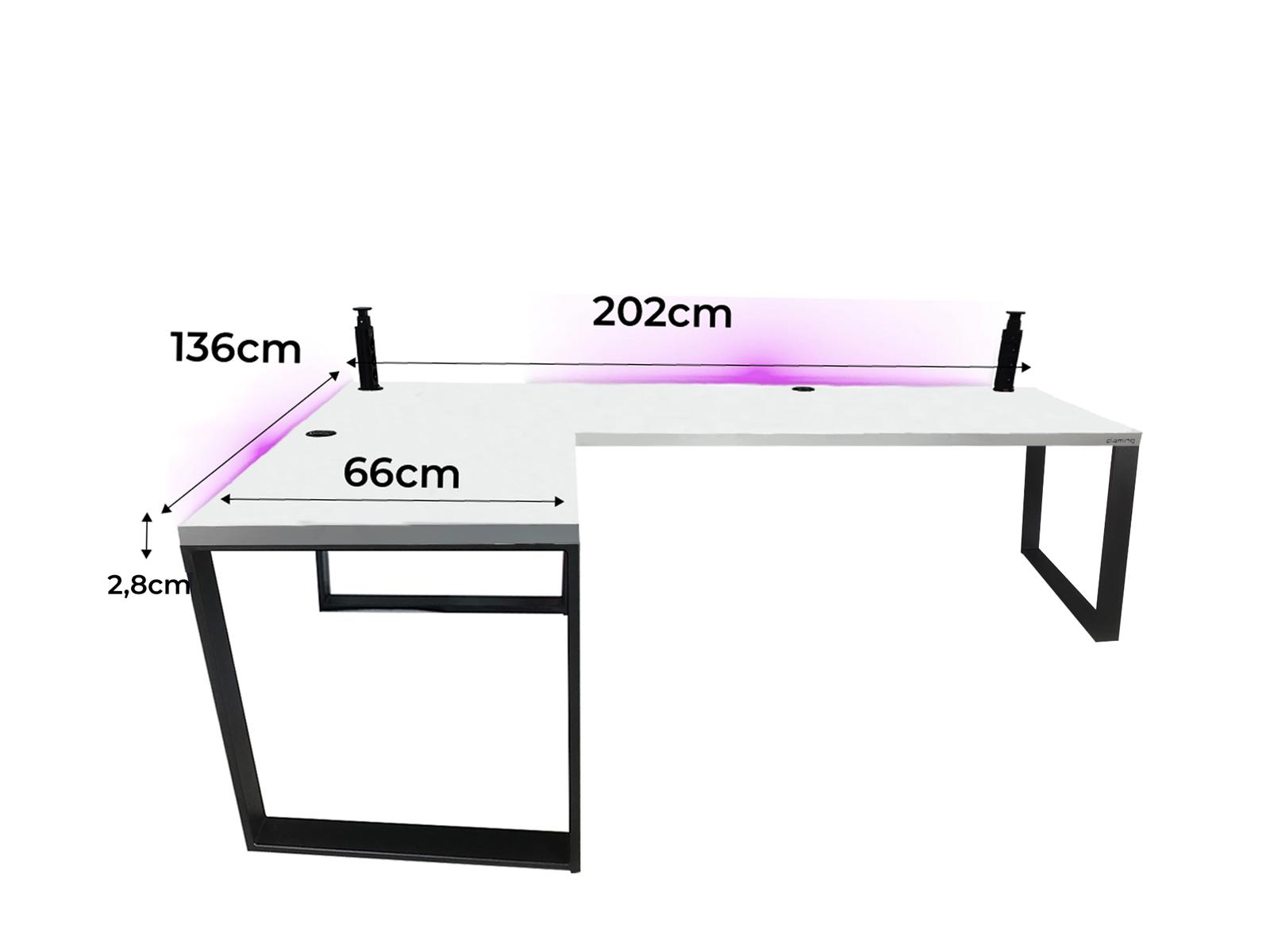 Biurko gamingowe narożne model 3 Low białe LOFT metalowe nogi LED RGB przepust USB dla gracza 202x66x71cm nr. 3