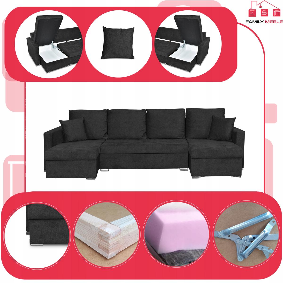 Narożnik Bella BIG 298x74x140 cm kształt U z funkcją spania i przechowywania Angel czarny nr. 4