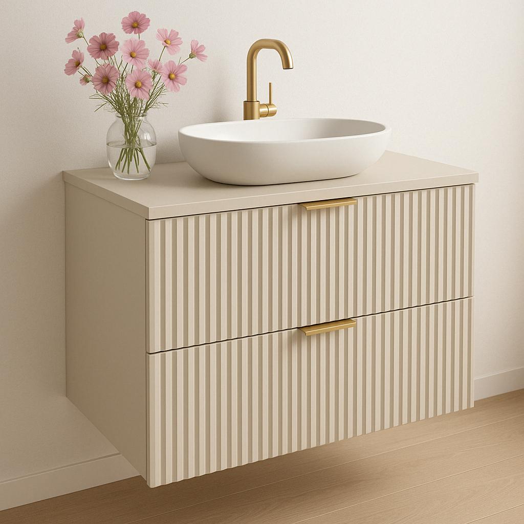 Szafka łazienkowa WILLY 80x47x60 cm z blatem ryflowane fronty kaszmir złote uchwyty